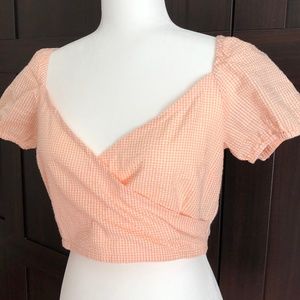 Wrap Off Shoulder Gingham Peach Top